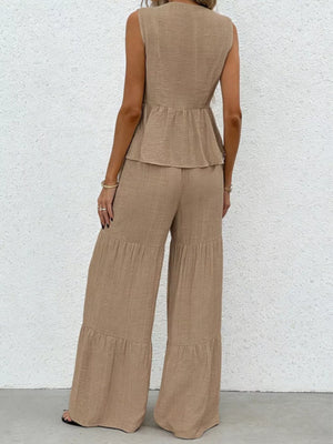 Beige ruffled peplum top with tiered wide-leg pants set
