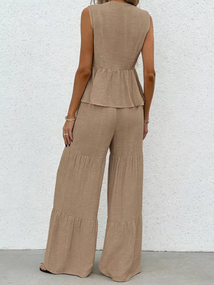 Beige ruffled peplum top with tiered wide-leg pants set