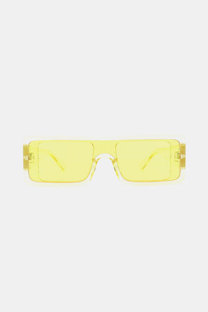 Neon yellow rectangular sunglasses with clear frames and a bold, flat top design.