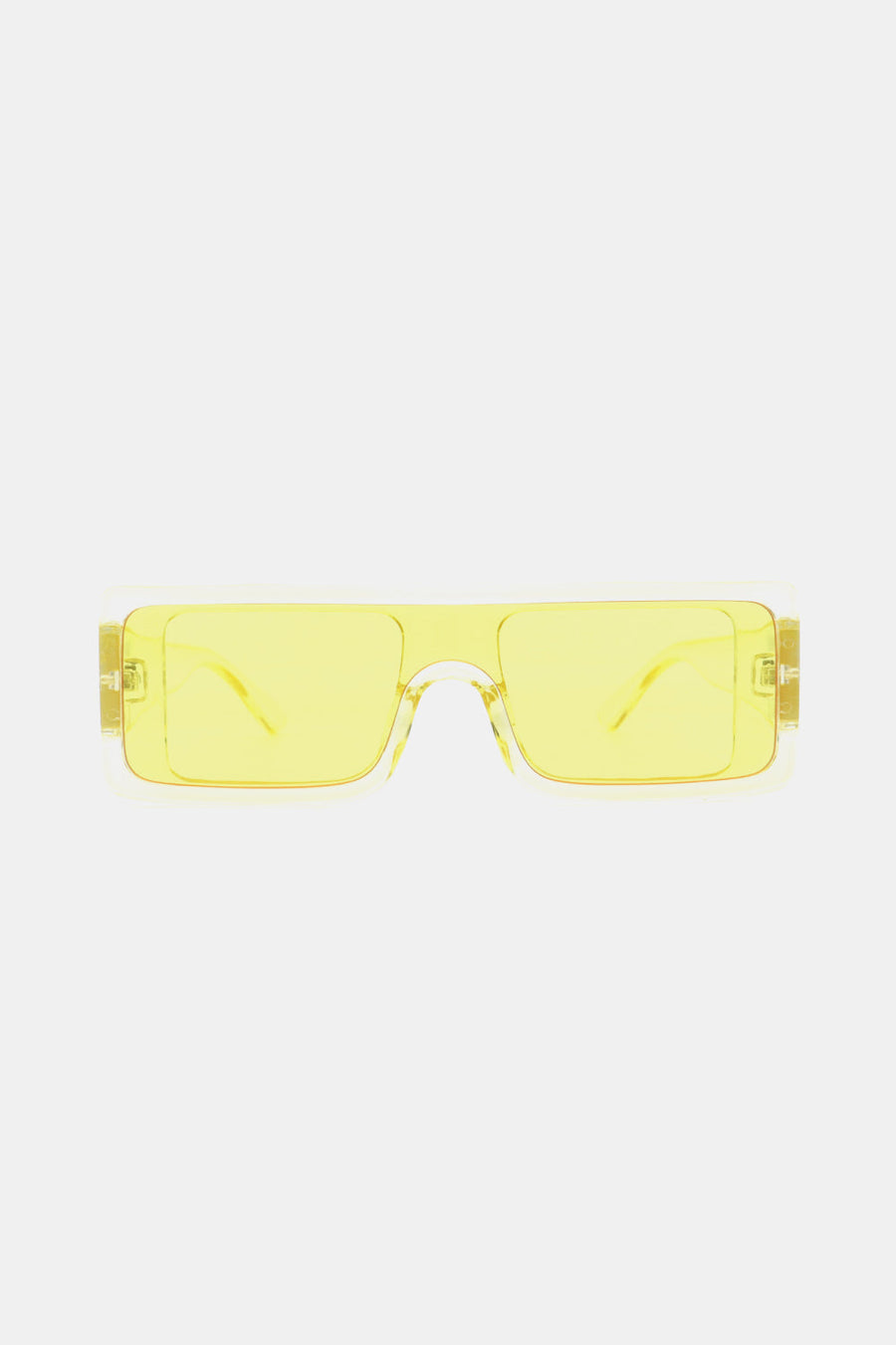 Neon yellow rectangular sunglasses with clear frames and a bold, flat top design.
