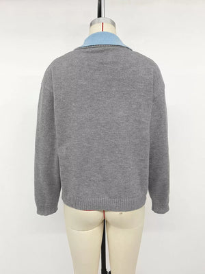 Contrast Collar Dropped Shoulder Sweater in Gray, view 12