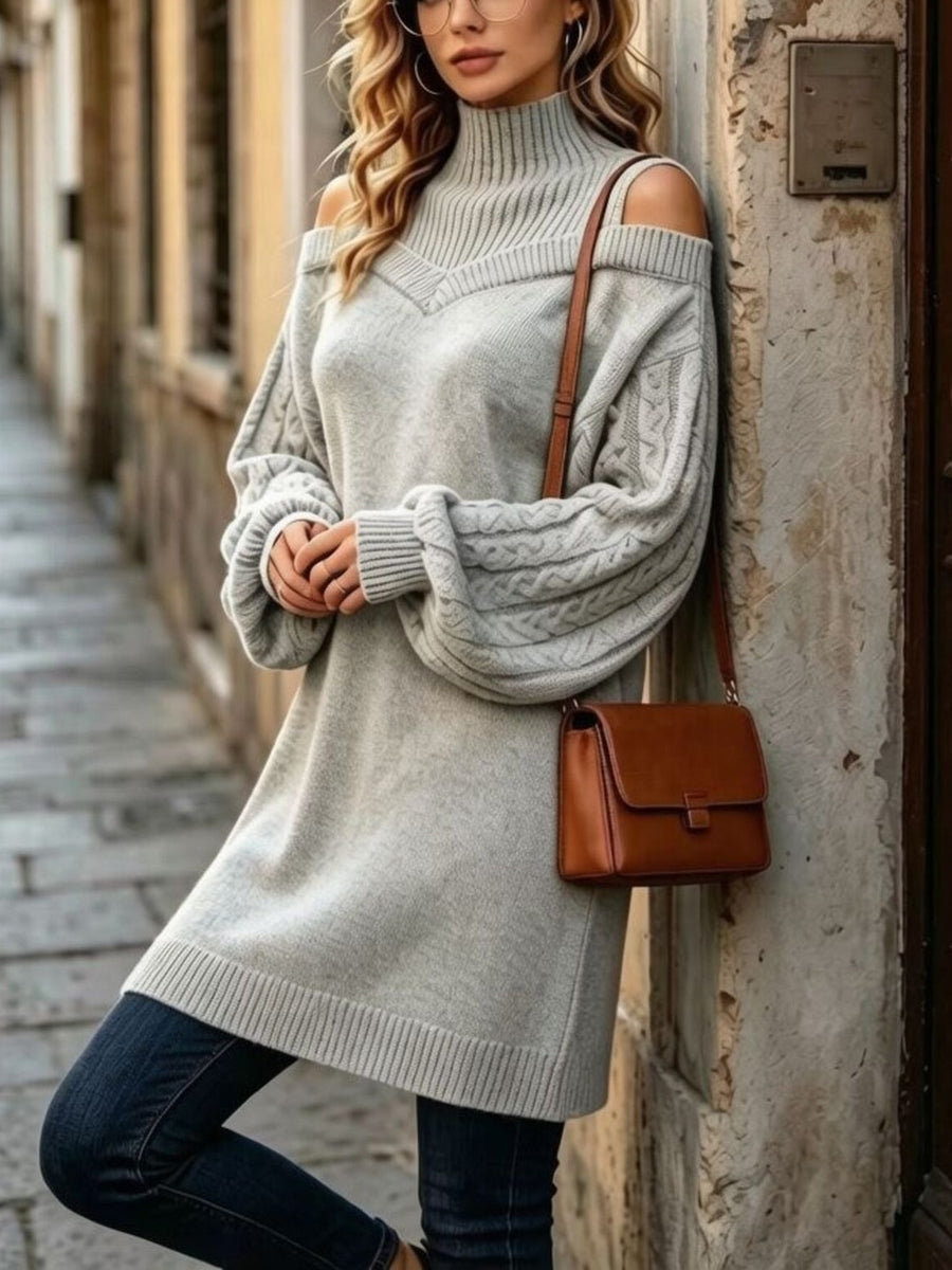 Khaki sweater dress with cable knit sleeves and long sleeve