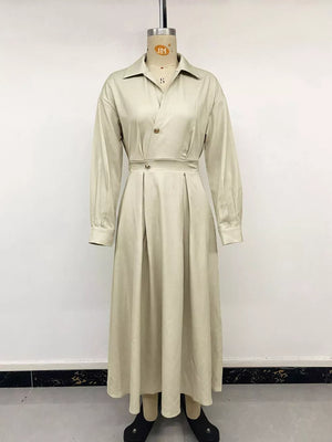 Pleated Button Detail Long Sleeve Shirt Dress in Khaki with buttoned