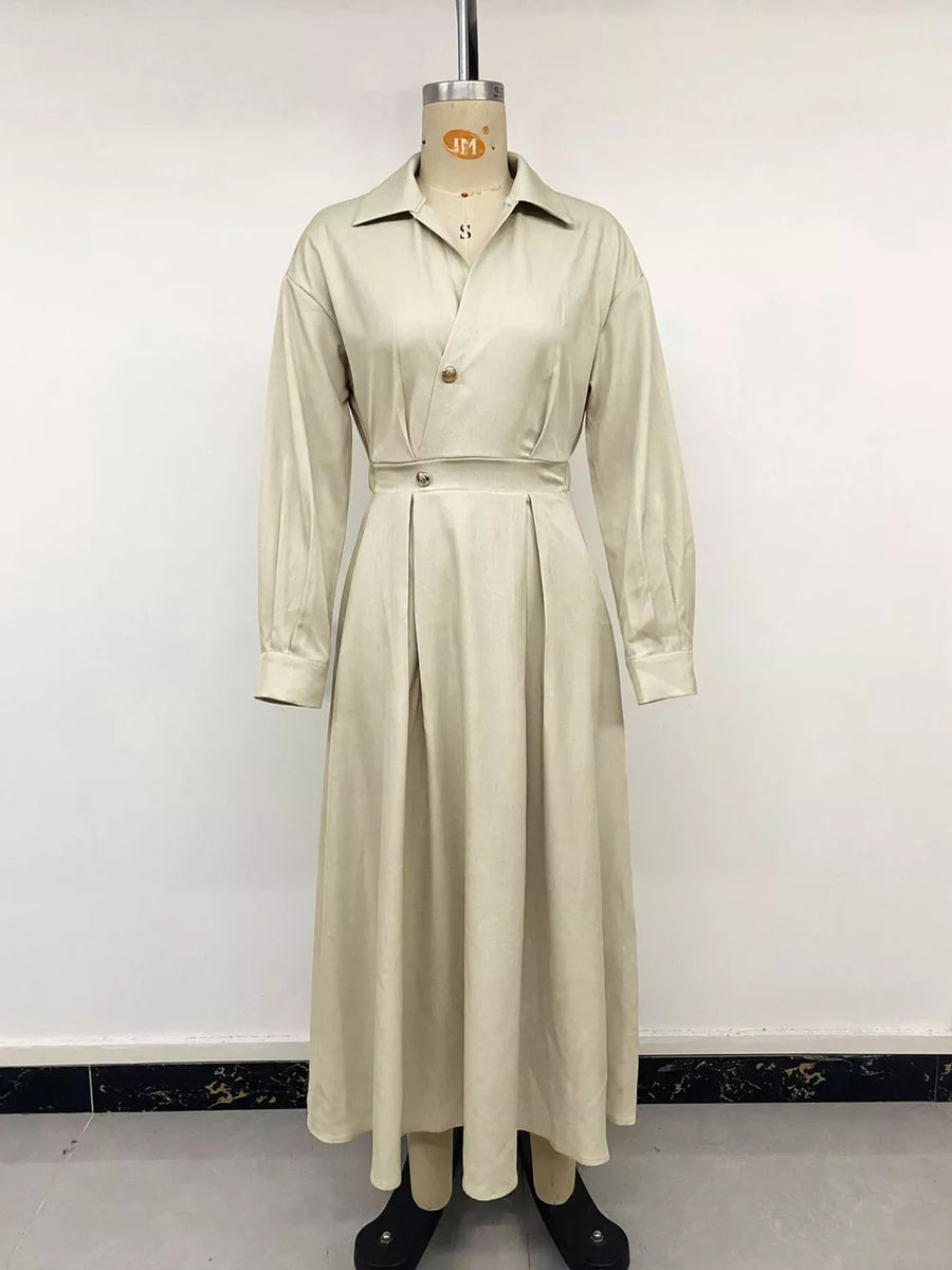 Pleated Button Detail Long Sleeve Shirt Dress in Khaki with buttoned