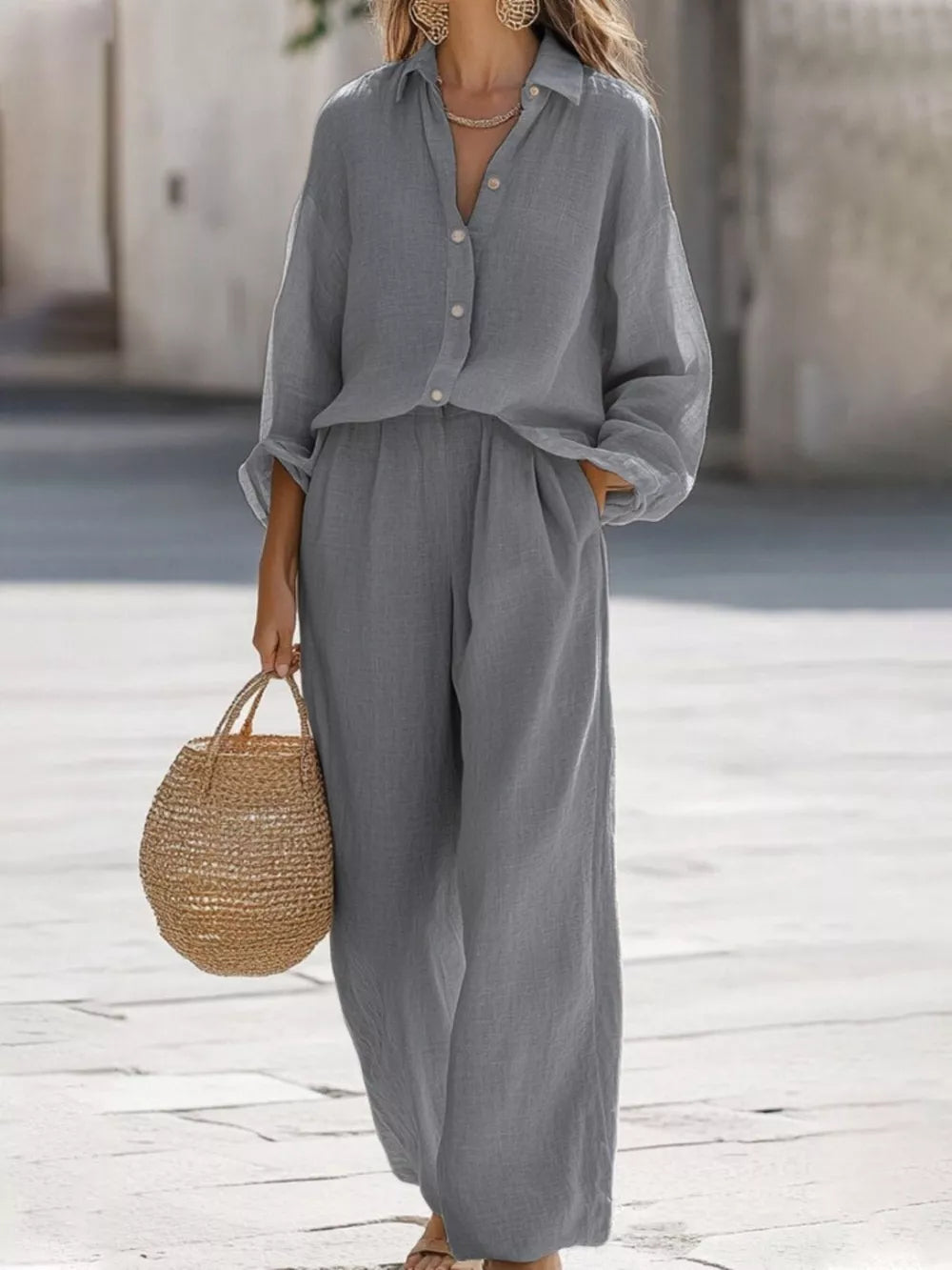 Purple Full Size Loose Fit Shirt And Wide Leg Pants Set