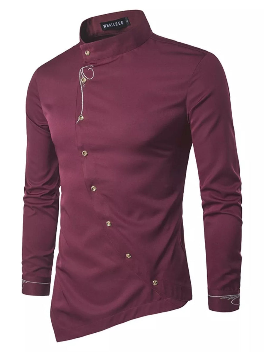 modern button-down shirt in Burgundy with mandarin collar