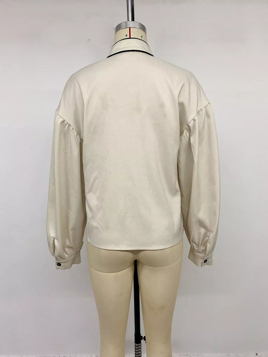Contrast Trim Long Sleeve Shirt in Beige, view 14