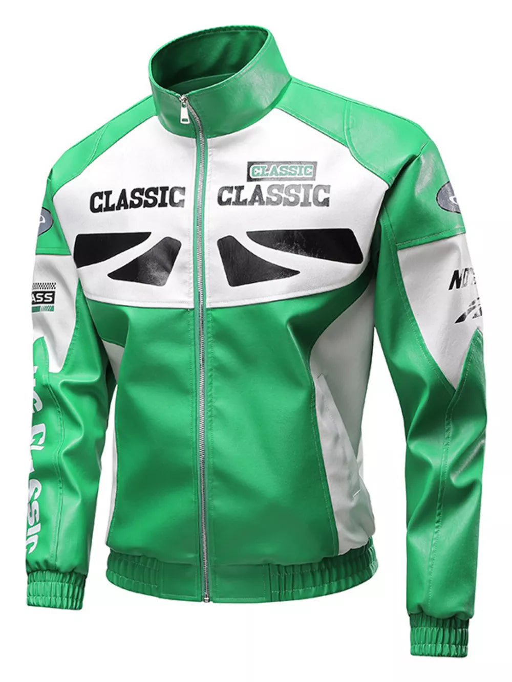 Green and white color block moto jacket with "CLASSIC" graphic details and a stand collar.