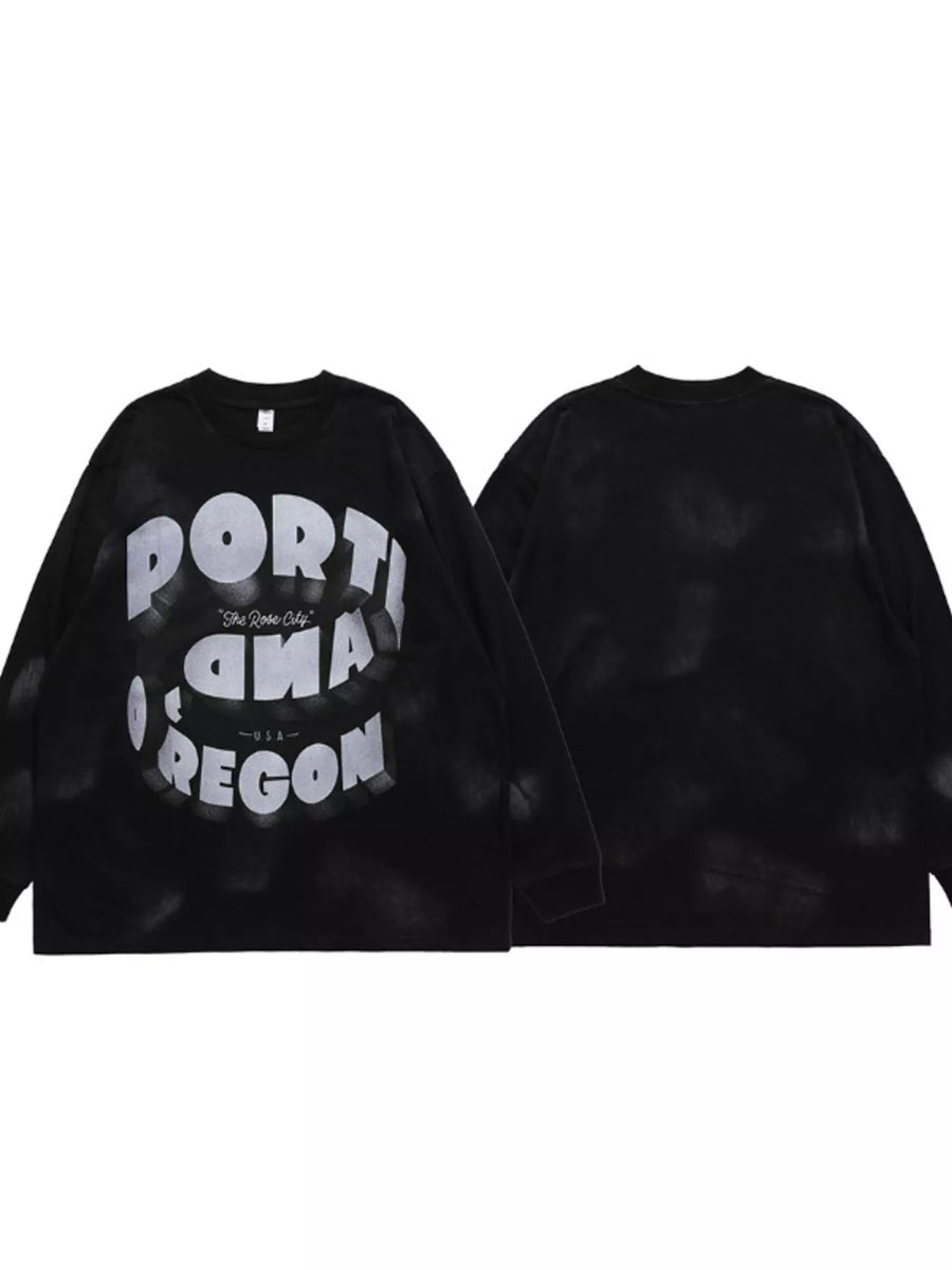 Black oversized long-sleeve t-shirt with Portland Oregon graphic print
