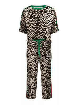 Leopard print loungewear set with green trim and side stripes.