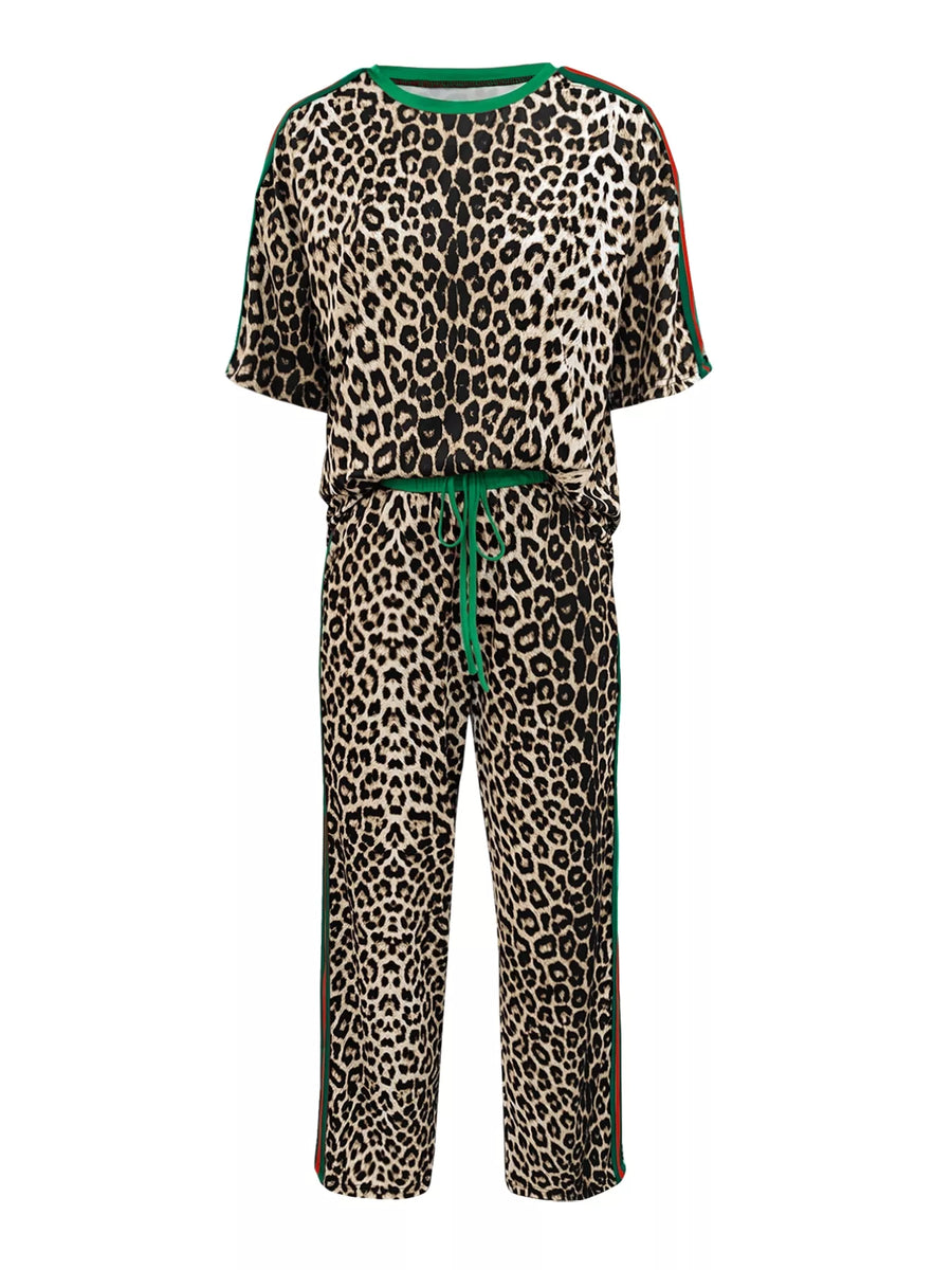 Leopard print loungewear set with green trim and side stripes.