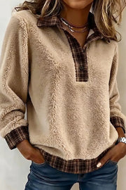 Khaki Plaid Collar Button Front Fleece Pullover Sweatshirt