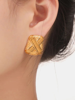 Sculptural gold-tone stud earrings with embossed geometric pattern, 18K gold-plated.