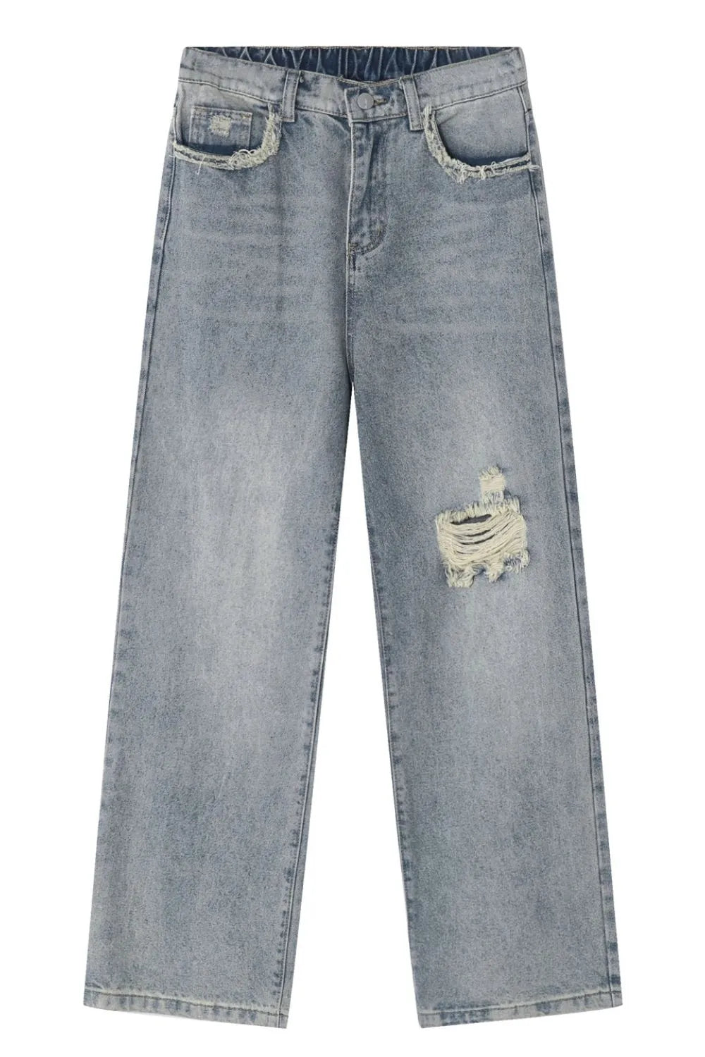 Distressed wide-leg jeans in medium wash denim with raw edge pockets and a ripped detail.