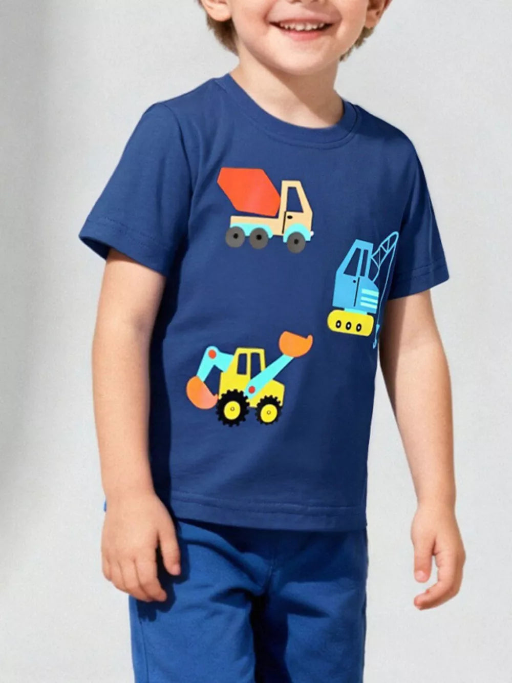 Blue t-shirt with construction truck graphic and short sleeves