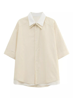 Yellow striped casual button-up shirt with white collar and short sleeves
