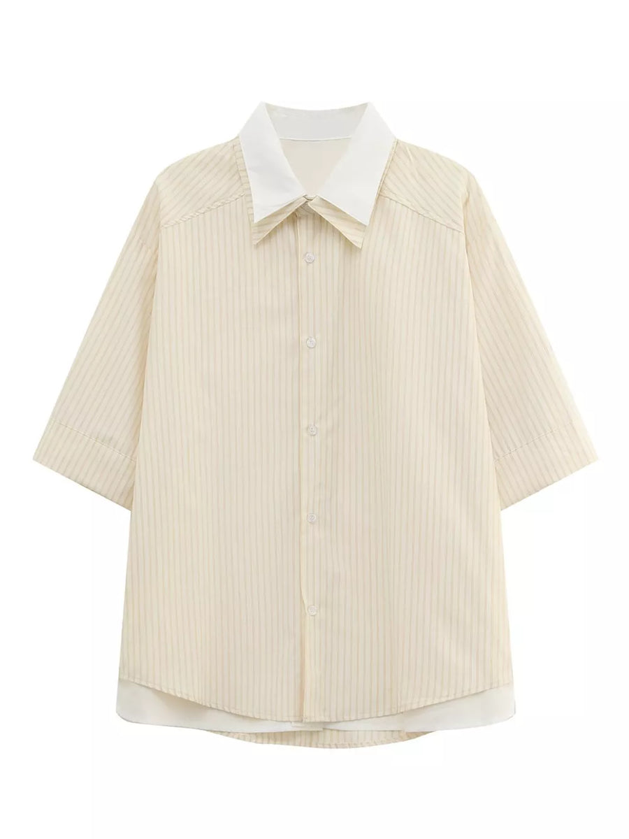 Yellow striped casual button-up shirt with white collar and short sleeves