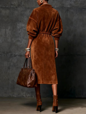 camel midi dress with midi and zip-front, drawstring