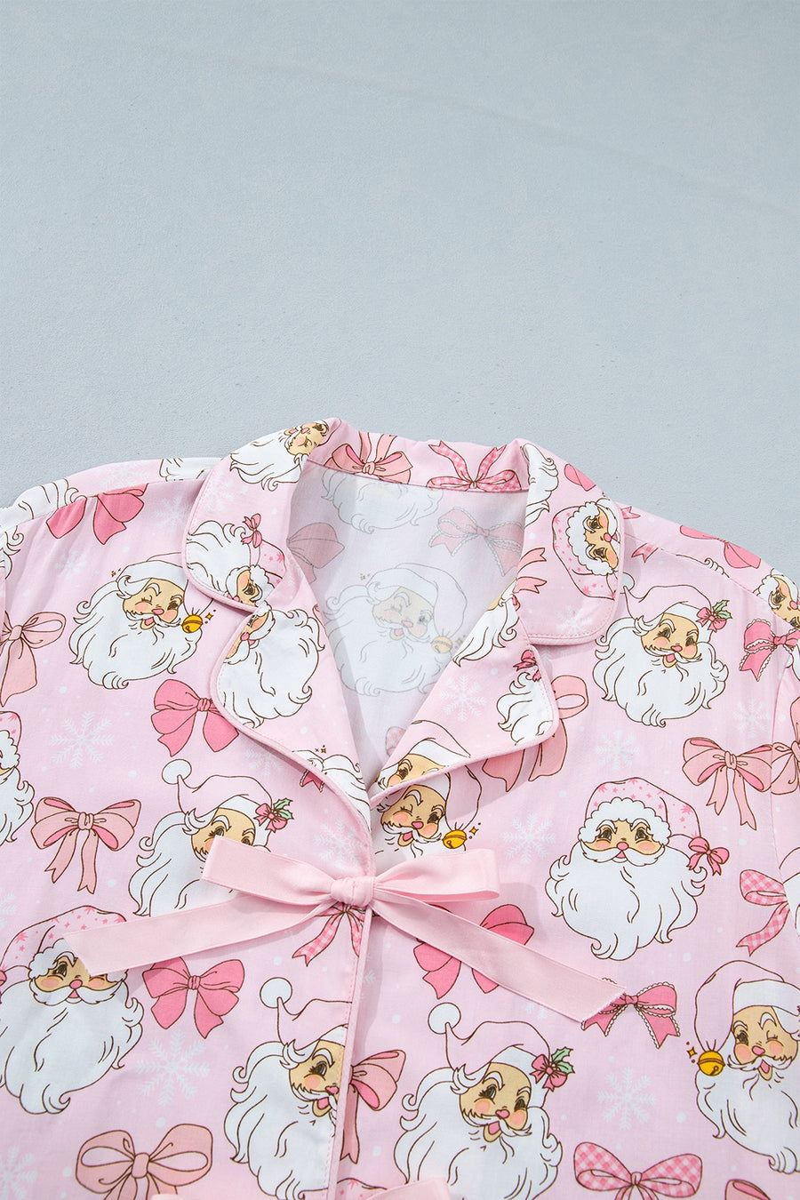 light pink pajama set with tied and short sleeve