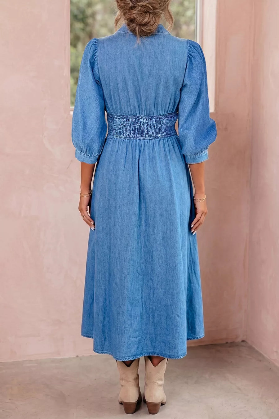 V Neck Shirred Waist Denim Midi Dress option 4