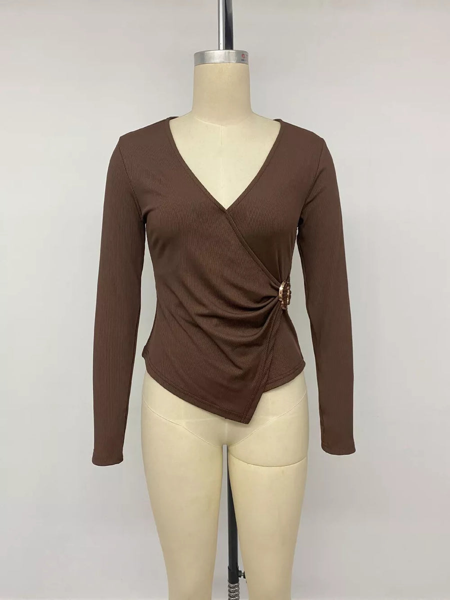 Metal Buckle Surplice T-shirt in Coffee Brown with ruched
