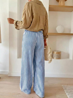wide-leg pants featuring striped in cream with 100% polyester Care instructions: Machine wash cold texture