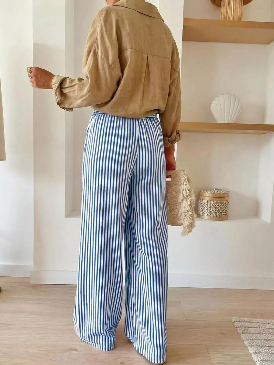 wide-leg pants featuring striped in cream with 100% polyester Care instructions: Machine wash cold texture
