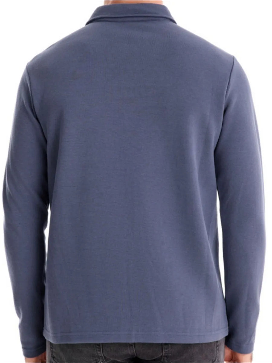 Essential long sleeve polo shirt in Dusty Blue with collar detail.
