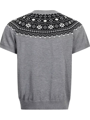 Grey short sleeve knit sweater with black and white fair isle yoke detail