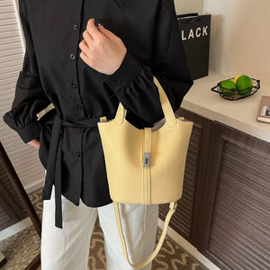 PU Leather Imported Size &amp crossbody bag in Yellow with bucket silhouette