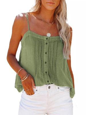 Pleated Button-down Spaghetti Strap Cami in Sage
