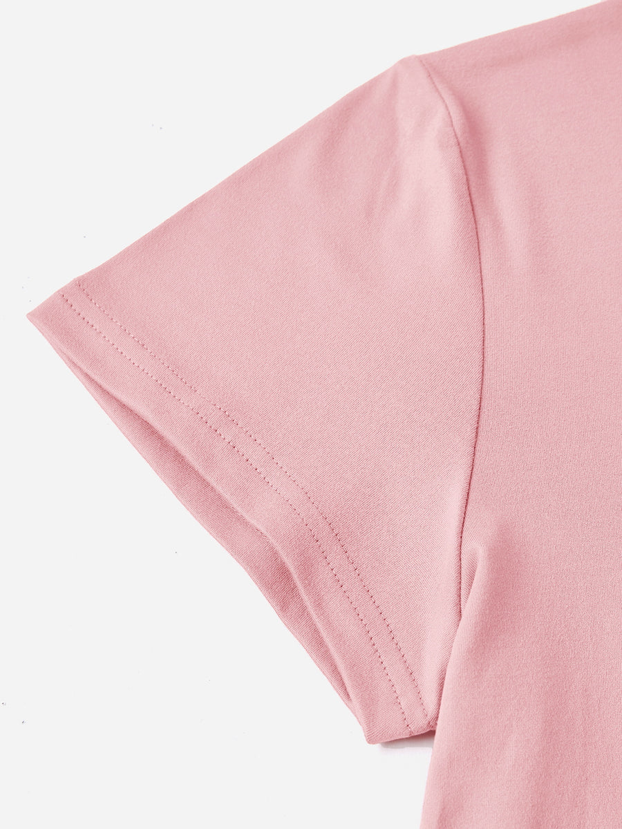 Blush pink t-shirt with short sleeves and double-stitched hem detail.