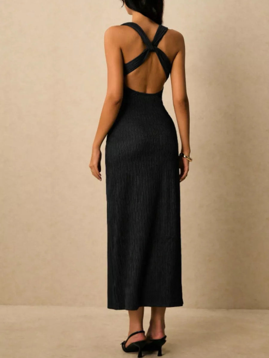 Black ribbed midi dress with crisscross back detail and open back.