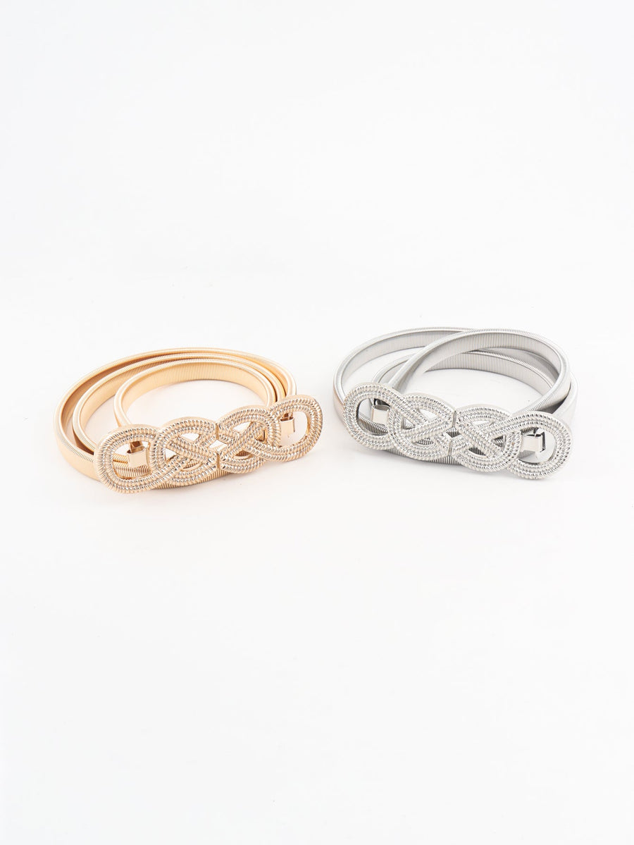Gold and silver elastic waist belts with intertwined knot detail
