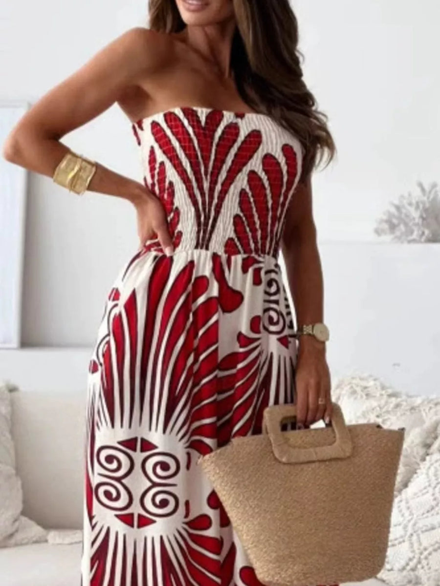 Strapless wide-leg romper in white with red tribal print, polyester, smocked bodice