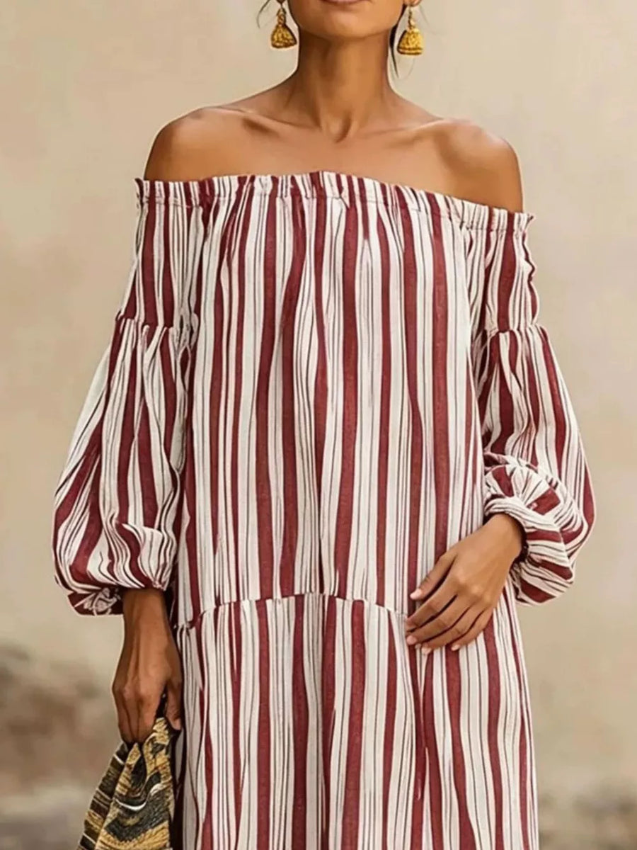 Off-shoulder Striped Maxi Dress in Burgundy with off-shoulder