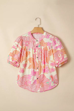 Women's short sleeve cotton shirt with retro floral pattern, band collar, and button-down front.
