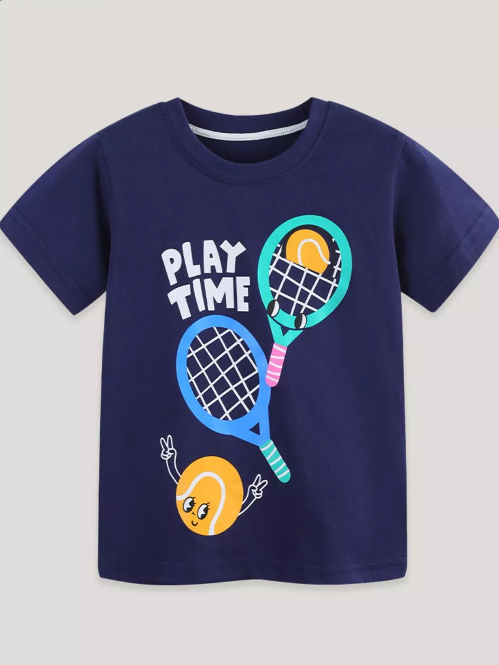 Navy cotton t-shirt with playful tennis graphic and "PLAY TIME" text.