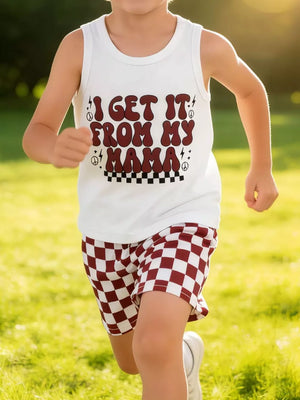 White graphic tank top with I GET IT FROM MY MAMA text and checkered shorts set.