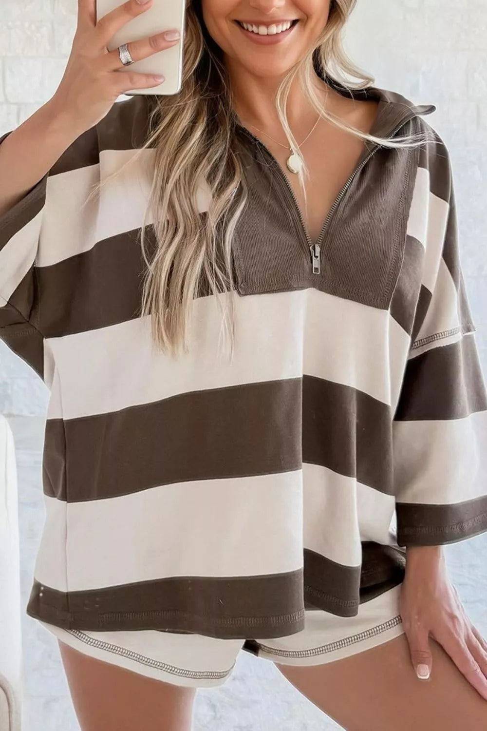 Coffee Brown Striped Color Block Zip Collar Oversize Sweatshirt