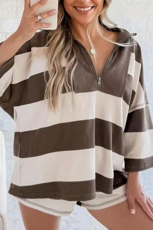 Coffee Brown Striped Color Block Zip Collar Oversize Sweatshirt