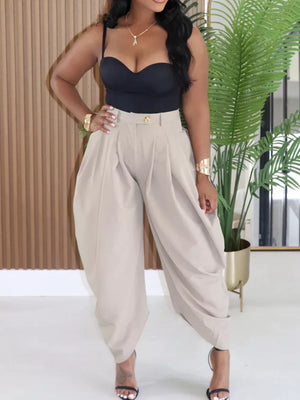 Light Khaki Sculptural Pleated High-waisted Pants with button detail