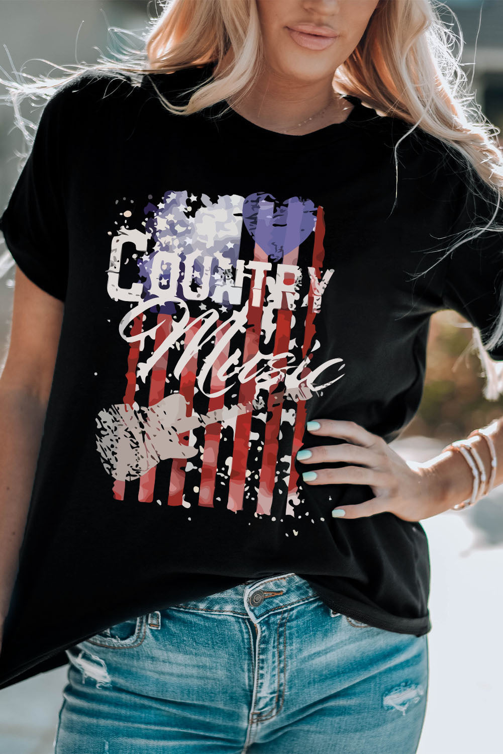 Black t-shirt with distressed American flag graphic and "Country Music" text.