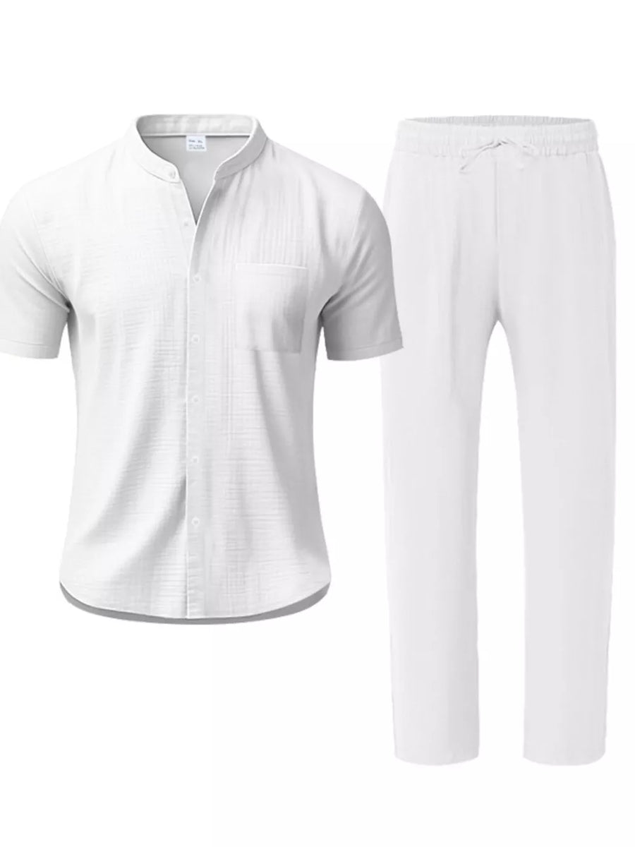Men's Casual Button-up Short Sleeve Shirt And Pants Set in Navy