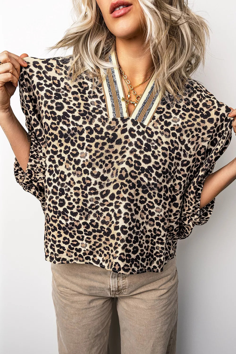 Leopard Contrast Trim V Neck Dolman Blouse in Taupe