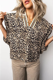 Leopard Contrast Trim V Neck Dolman Blouse in Taupe