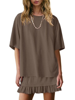 Brown relaxed fit ruffled tee and skirt set with short sleeves and tiered ruffled hem skirt.
