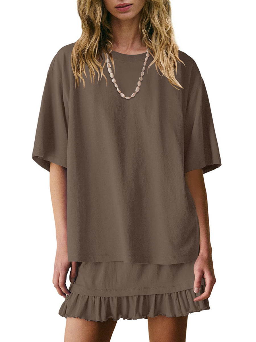 Brown relaxed fit ruffled tee and skirt set with short sleeves and tiered ruffled hem skirt.