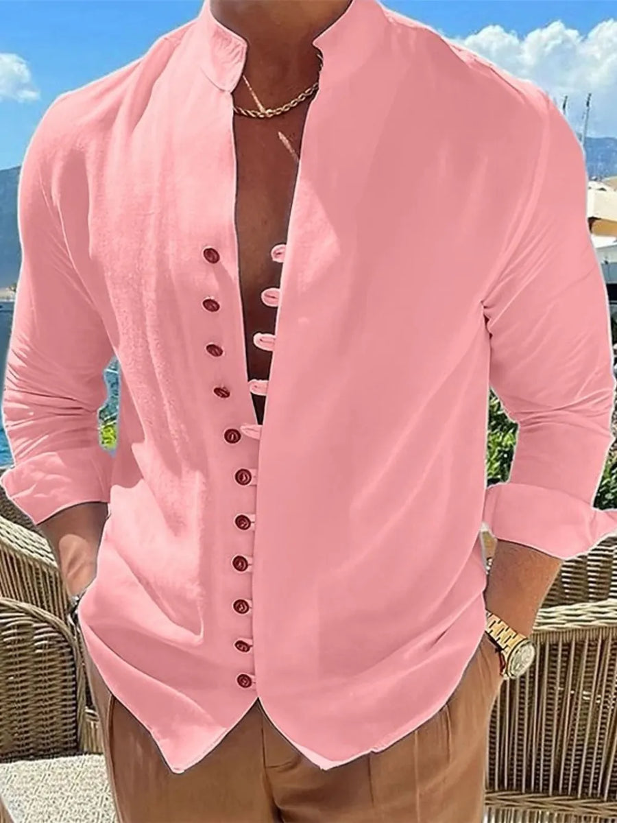 Dusty Pink linen shirt with mandarin collar and button placket, long sleeves.