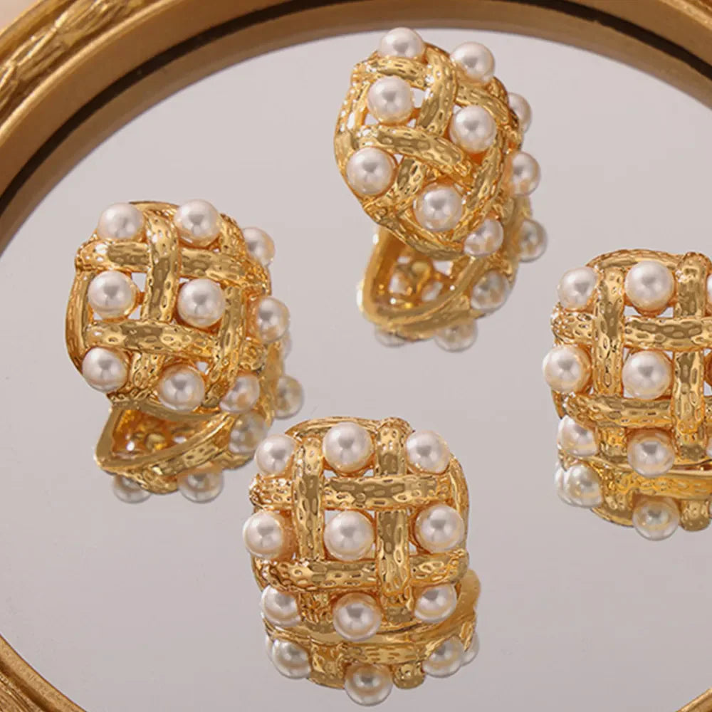 Gold woven pearl grid earrings with textured metal detail